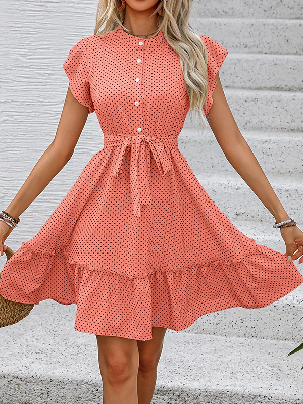 A-Line Loose Buttoned Pleated Polka-Dot Tied Waist Round-Neck Mini Dresses - Image 15
