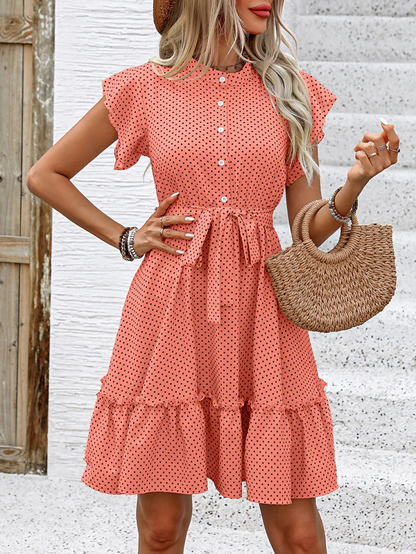A-Line Loose Buttoned Pleated Polka-Dot Tied Waist Round-Neck Mini Dresses - Image 16