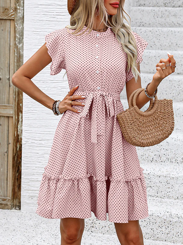 A-Line Loose Buttoned Pleated Polka-Dot Tied Waist Round-Neck Mini Dresses - Image 4