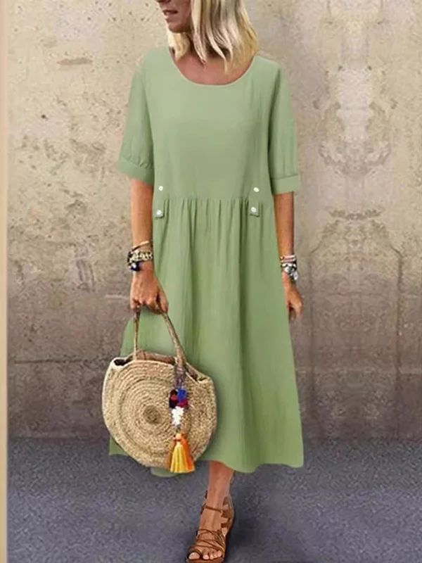 A-Line Loose Buttoned Pleated Round-Neck Midi Dresses