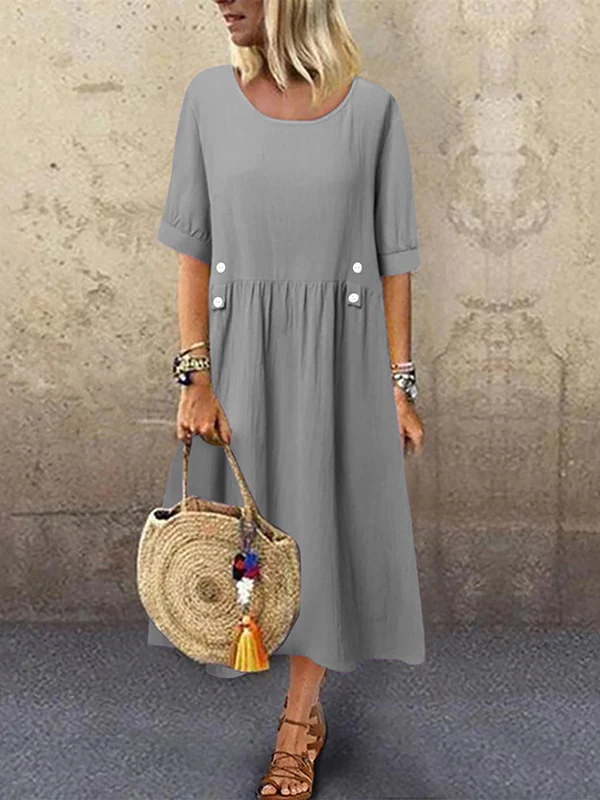 A-Line Loose Buttoned Pleated Round-Neck Midi Dresses - Image 2