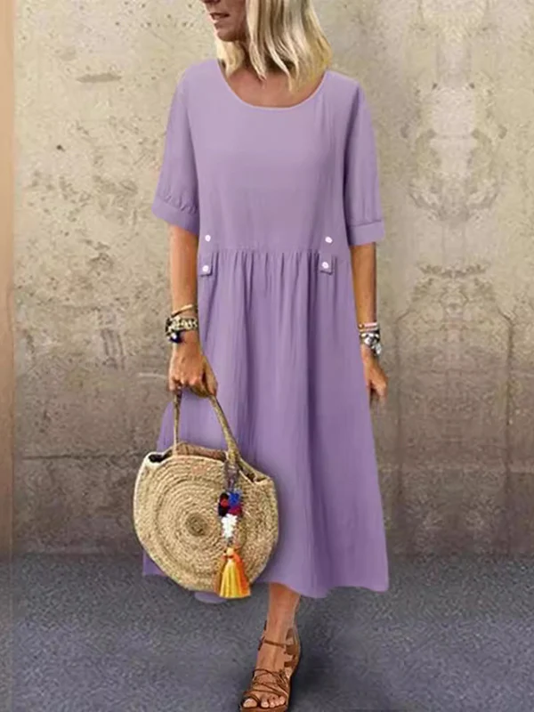 A-Line Loose Buttoned Pleated Round-Neck Midi Dresses - Image 3