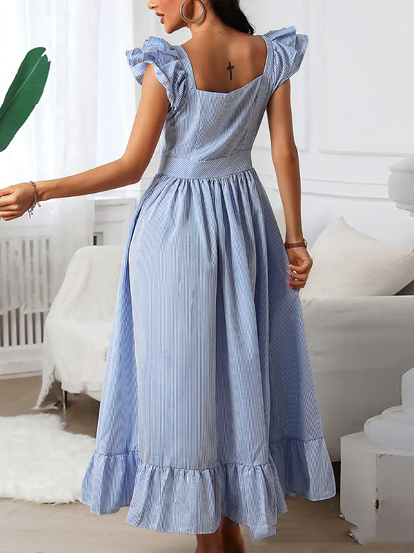 A-Line Loose Buttoned Pleated Ruffle Trim Striped Square-Neck Maxi Dresses - Image 3