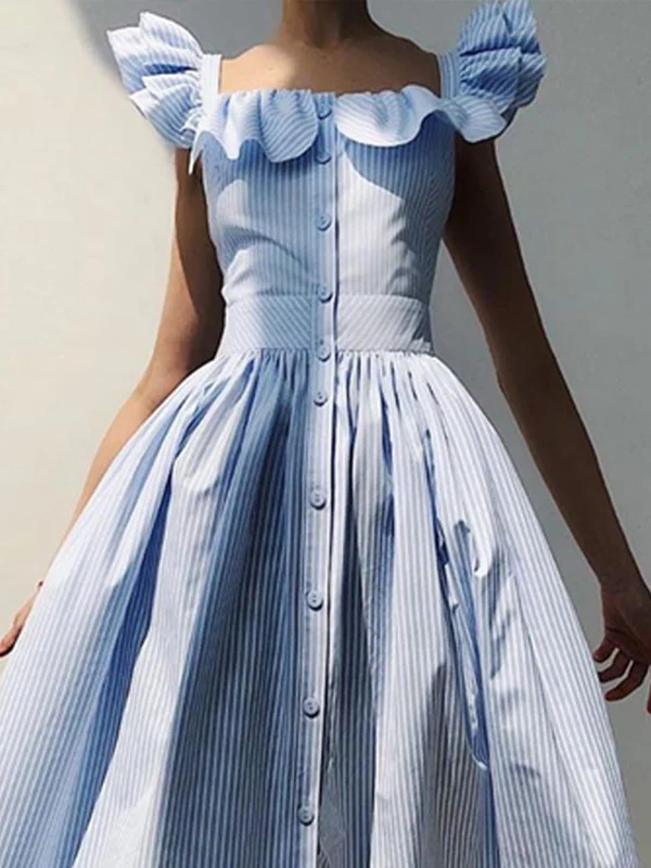 A-Line Loose Buttoned Pleated Ruffle Trim Striped Square-Neck Maxi Dresses - Image 4