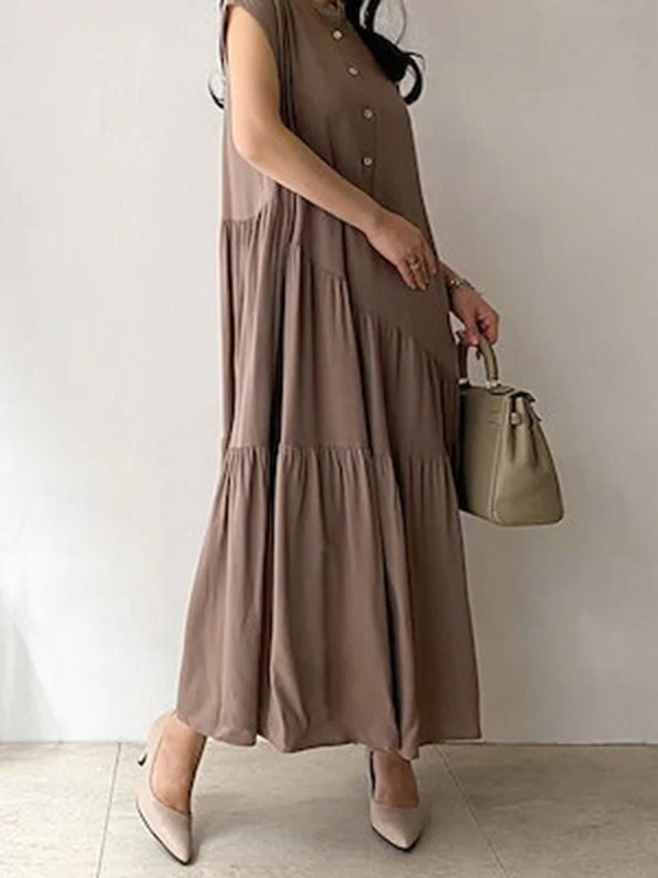 A-Line Loose Buttoned Pleated Ruffled Solid Color Split-Joint Tiered Stand Collar Midi Dresses - Image 10