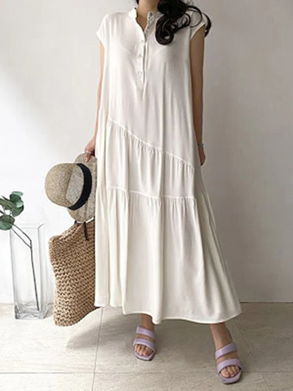 A-Line Loose Buttoned Pleated Ruffled Solid Color Split-Joint Tiered Stand Collar Midi Dresses - Image 2