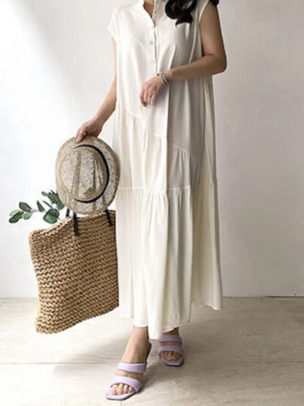 A-Line Loose Buttoned Pleated Ruffled Solid Color Split-Joint Tiered Stand Collar Midi Dresses - Image 3