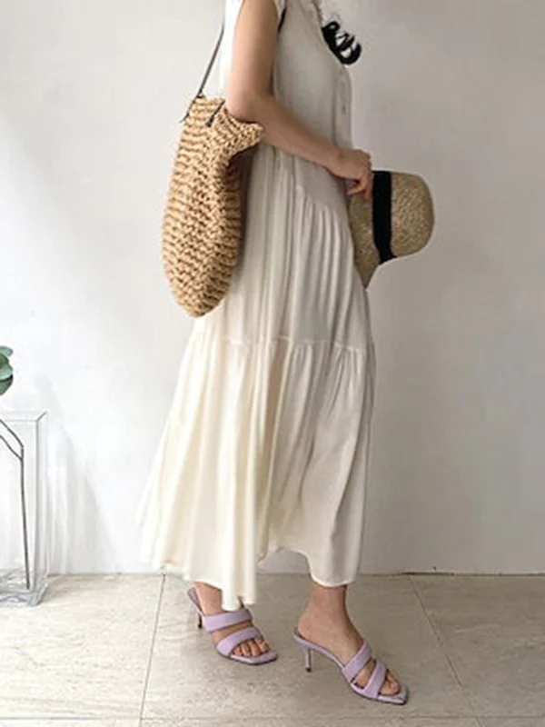 A-Line Loose Buttoned Pleated Ruffled Solid Color Split-Joint Tiered Stand Collar Midi Dresses - Image 4