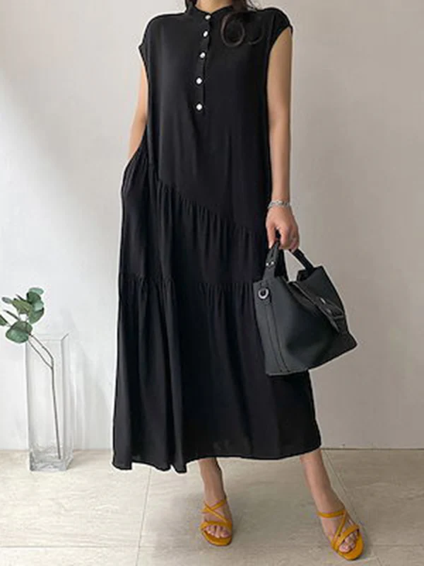 A-Line Loose Buttoned Pleated Ruffled Solid Color Split-Joint Tiered Stand Collar Midi Dresses - Image 5