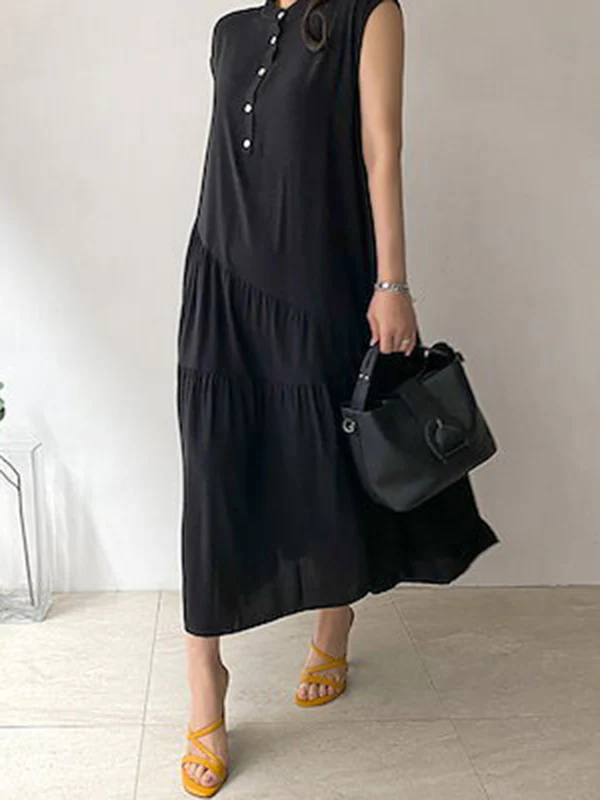 A-Line Loose Buttoned Pleated Ruffled Solid Color Split-Joint Tiered Stand Collar Midi Dresses - Image 6