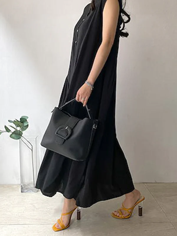 A-Line Loose Buttoned Pleated Ruffled Solid Color Split-Joint Tiered Stand Collar Midi Dresses - Image 7