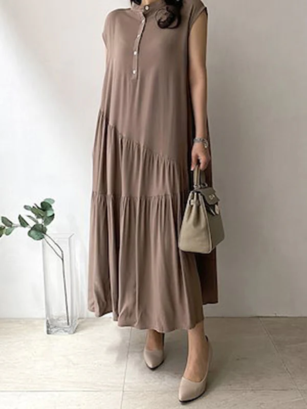 A-Line Loose Buttoned Pleated Ruffled Solid Color Split-Joint Tiered Stand Collar Midi Dresses - Image 8
