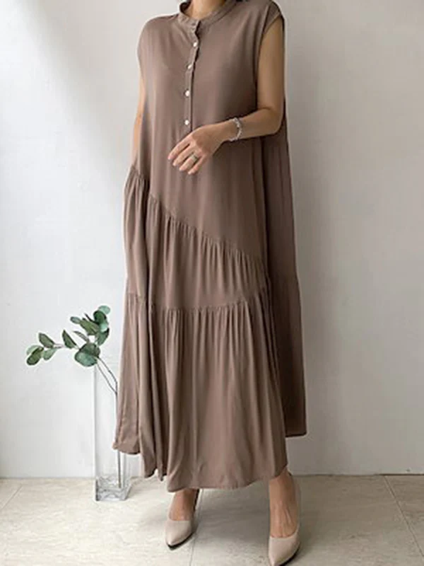 A-Line Loose Buttoned Pleated Ruffled Solid Color Split-Joint Tiered Stand Collar Midi Dresses - Image 9