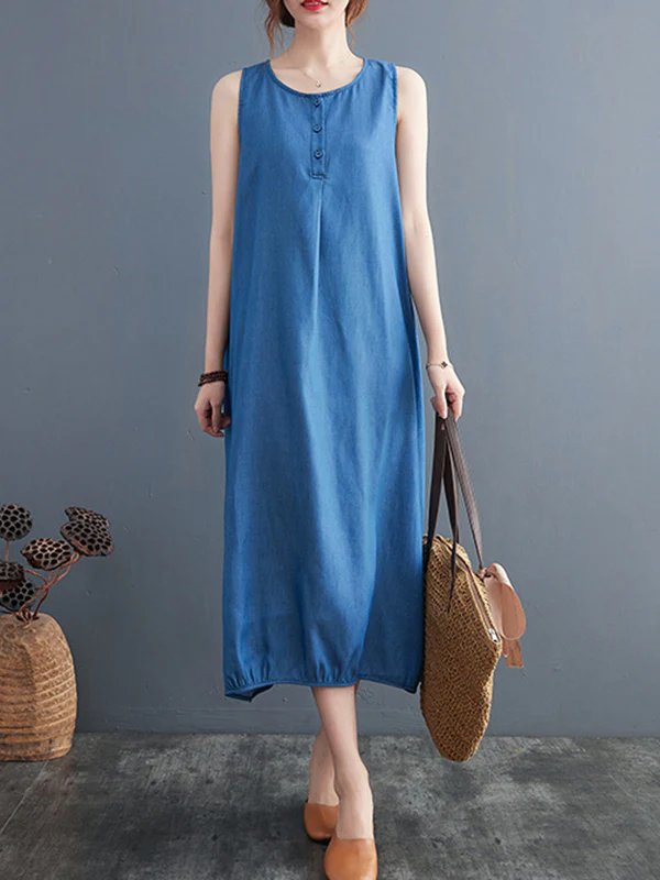 A-Line Loose Buttoned Pleated Solid Color Round-Neck Midi Dresses - Image 10