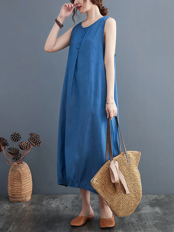 A-Line Loose Buttoned Pleated Solid Color Round-Neck Midi Dresses - Image 11
