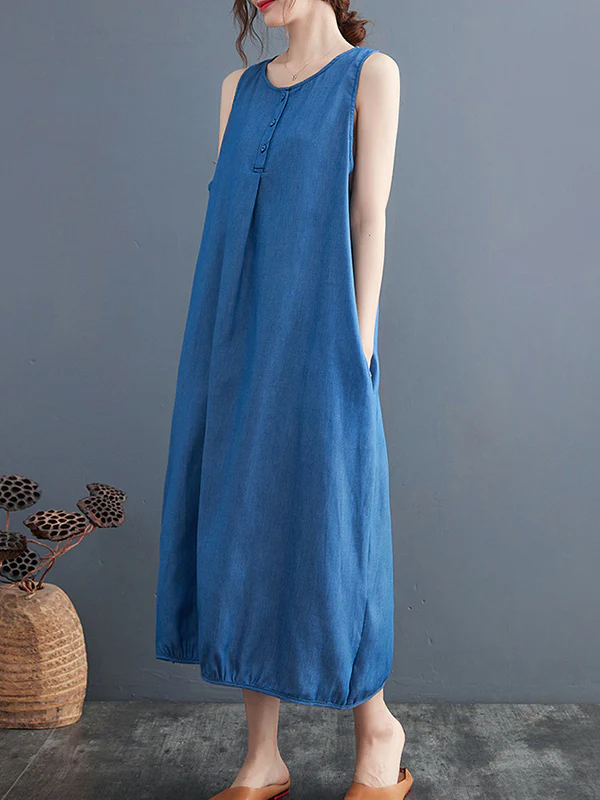 A-Line Loose Buttoned Pleated Solid Color Round-Neck Midi Dresses - Image 12