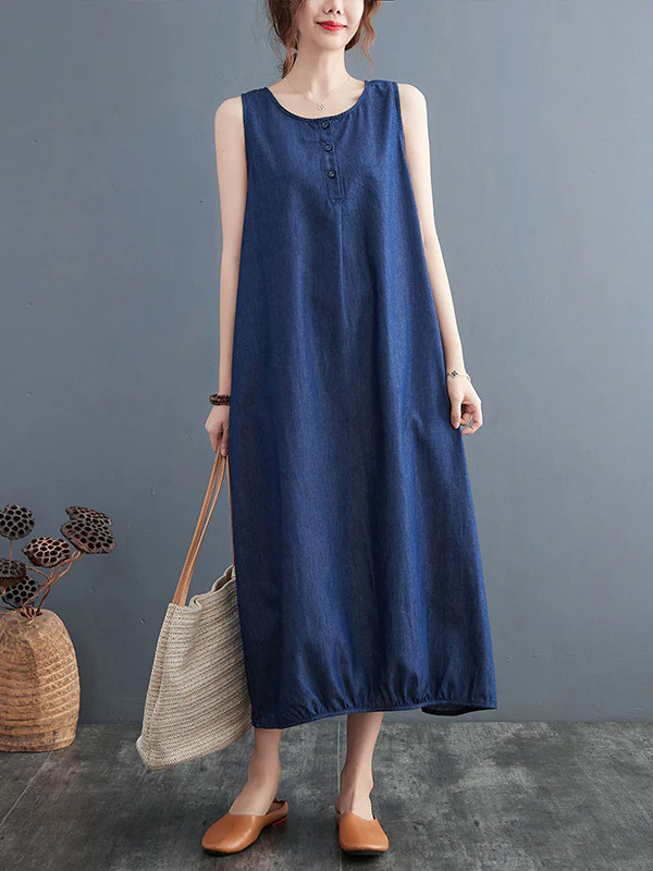 A-Line Loose Buttoned Pleated Solid Color Round-Neck Midi Dresses - Image 2