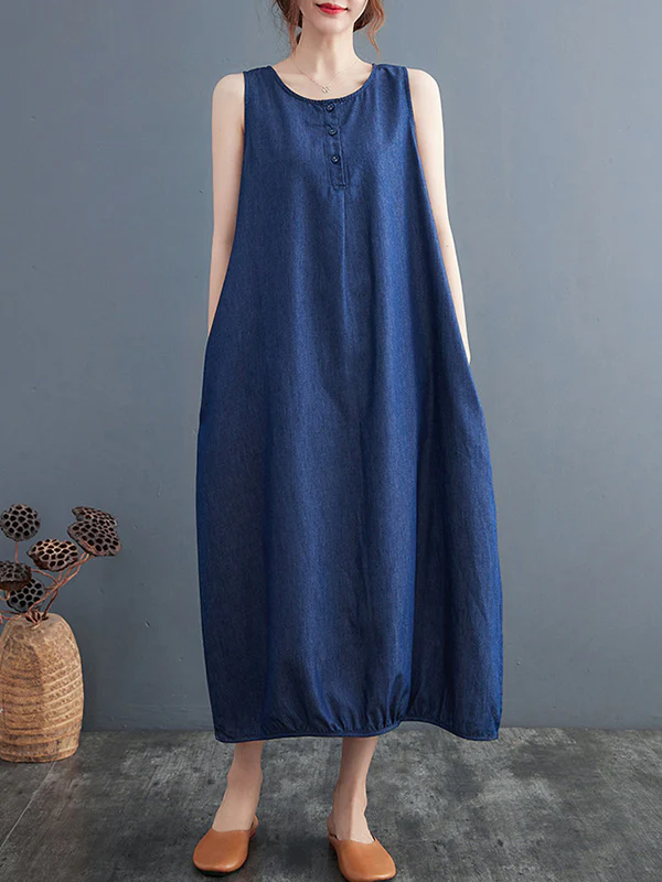 A-Line Loose Buttoned Pleated Solid Color Round-Neck Midi Dresses - Image 3
