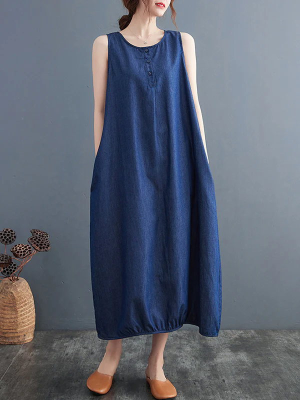 A-Line Loose Buttoned Pleated Solid Color Round-Neck Midi Dresses - Image 4