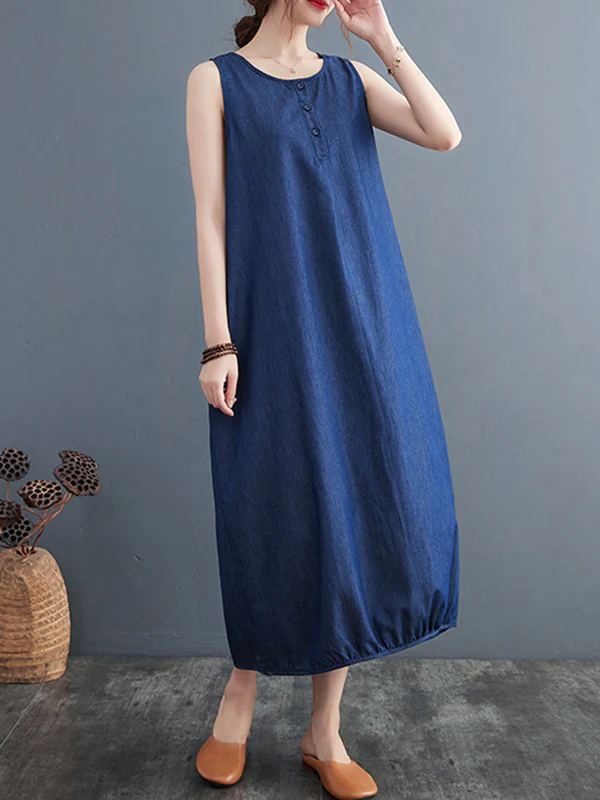 A-Line Loose Buttoned Pleated Solid Color Round-Neck Midi Dresses - Image 5