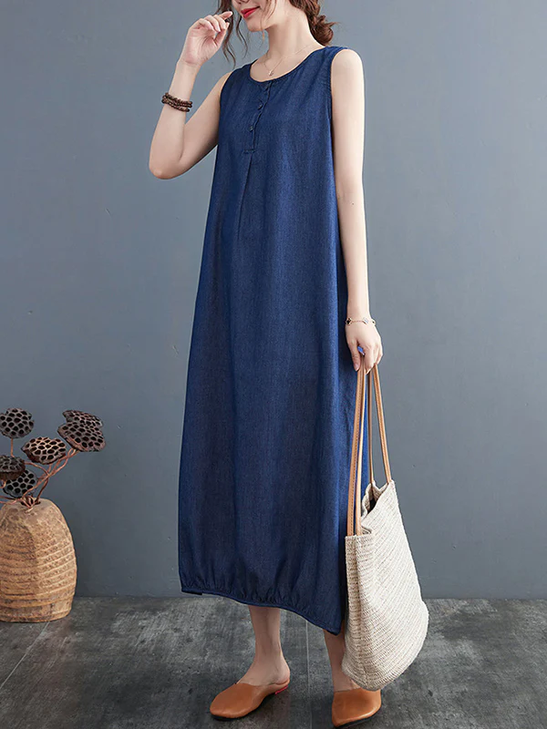 A-Line Loose Buttoned Pleated Solid Color Round-Neck Midi Dresses - Image 6