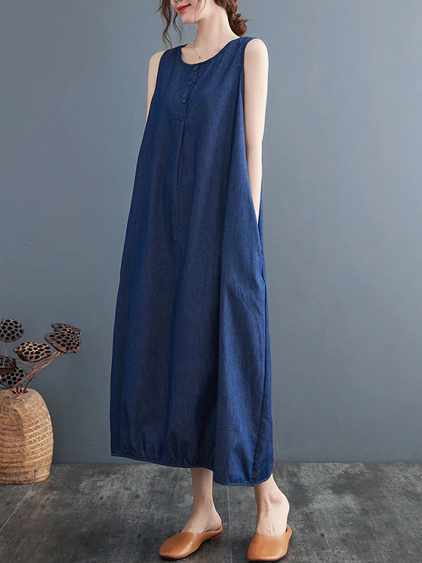 A-Line Loose Buttoned Pleated Solid Color Round-Neck Midi Dresses - Image 7