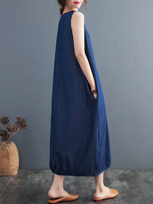 A-Line Loose Buttoned Pleated Solid Color Round-Neck Midi Dresses - Image 8
