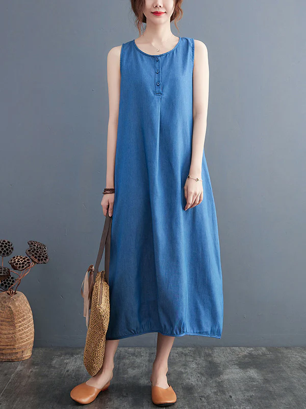 A-Line Loose Buttoned Pleated Solid Color Round-Neck Midi Dresses - Image 9