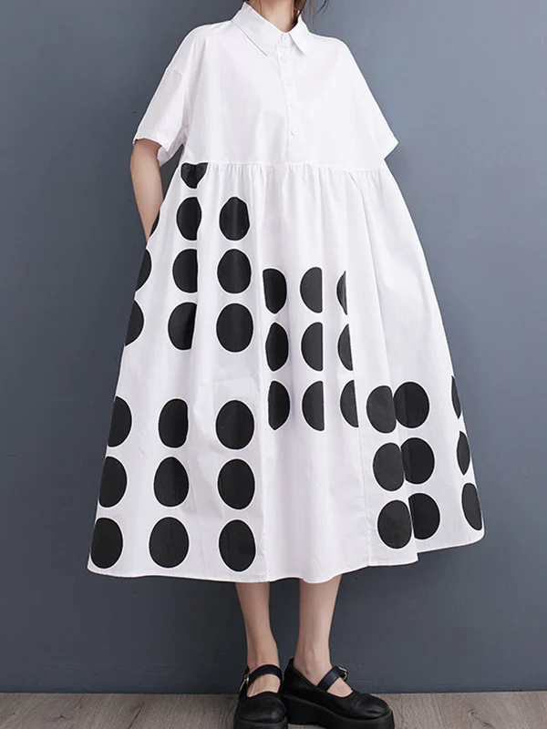 A-Line Loose Buttoned Pockets Polka Dot Printed Lapel Midi Dresses - Image 2