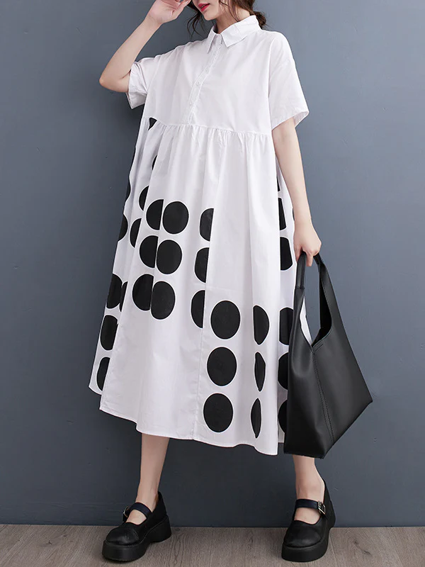 A-Line Loose Buttoned Pockets Polka Dot Printed Lapel Midi Dresses - Image 3
