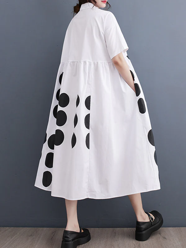 A-Line Loose Buttoned Pockets Polka Dot Printed Lapel Midi Dresses - Image 4