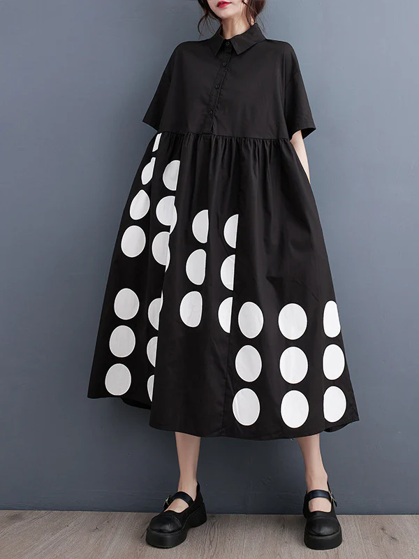 A-Line Loose Buttoned Pockets Polka Dot Printed Lapel Midi Dresses - Image 5