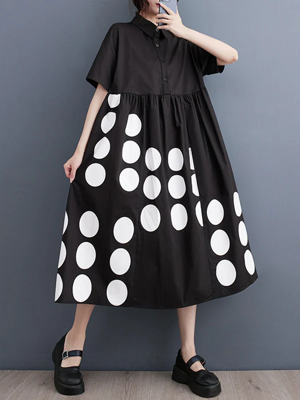 A-Line Loose Buttoned Pockets Polka Dot Printed Lapel Midi Dresses - Image 6
