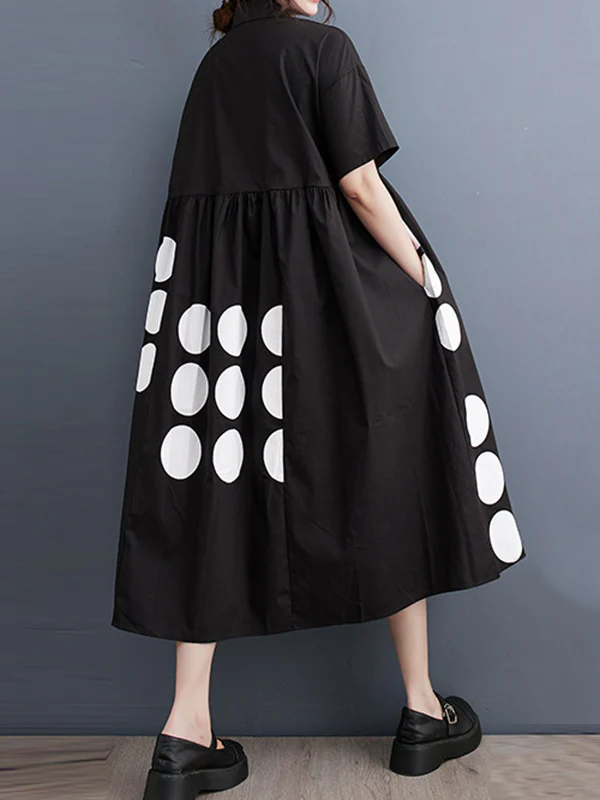 A-Line Loose Buttoned Pockets Polka Dot Printed Lapel Midi Dresses - Image 7