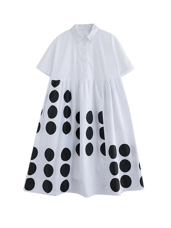A-Line Loose Buttoned Pockets Polka Dot Printed Lapel Midi Dresses - Image 8