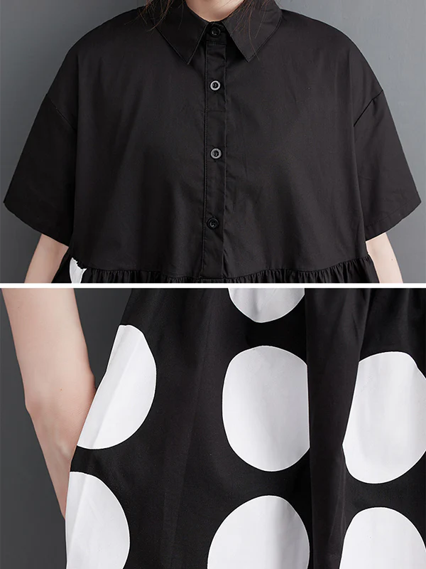 A-Line Loose Buttoned Pockets Polka Dot Printed Lapel Midi Dresses - Image 9