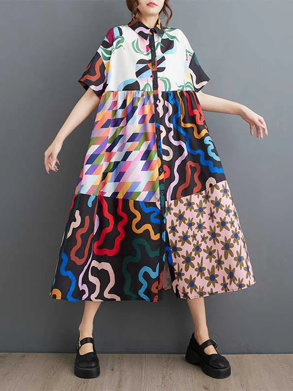 A-line Loose Buttoned Printed Split-Joint Lapel Midi Dresses Shirt Dress - Image 2
