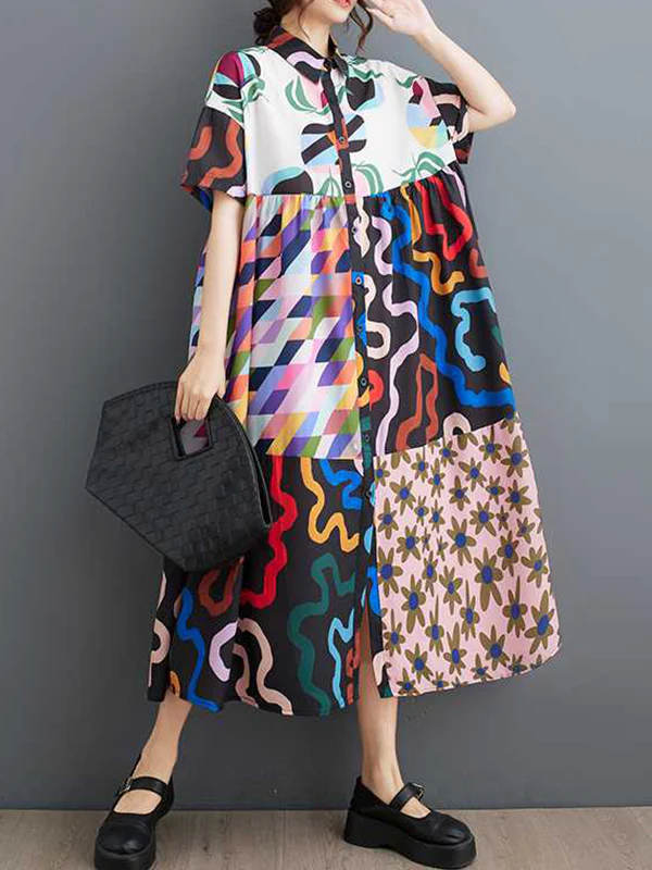 A-line Loose Buttoned Printed Split-Joint Lapel Midi Dresses Shirt Dress - Image 3
