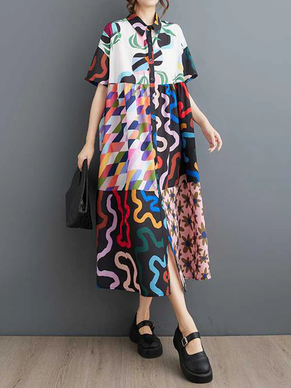 A-line Loose Buttoned Printed Split-Joint Lapel Midi Dresses Shirt Dress - Image 4