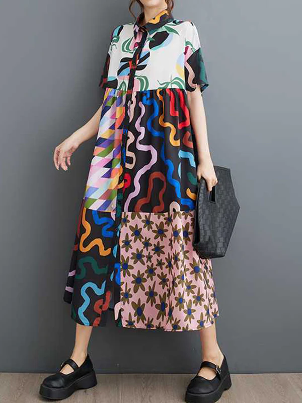 A-line Loose Buttoned Printed Split-Joint Lapel Midi Dresses Shirt Dress - Image 5