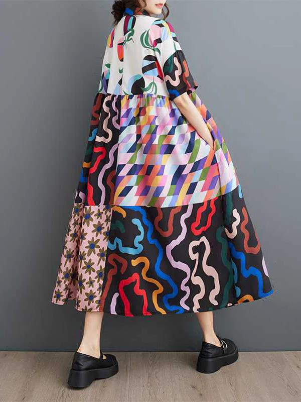 A-line Loose Buttoned Printed Split-Joint Lapel Midi Dresses Shirt Dress - Image 6