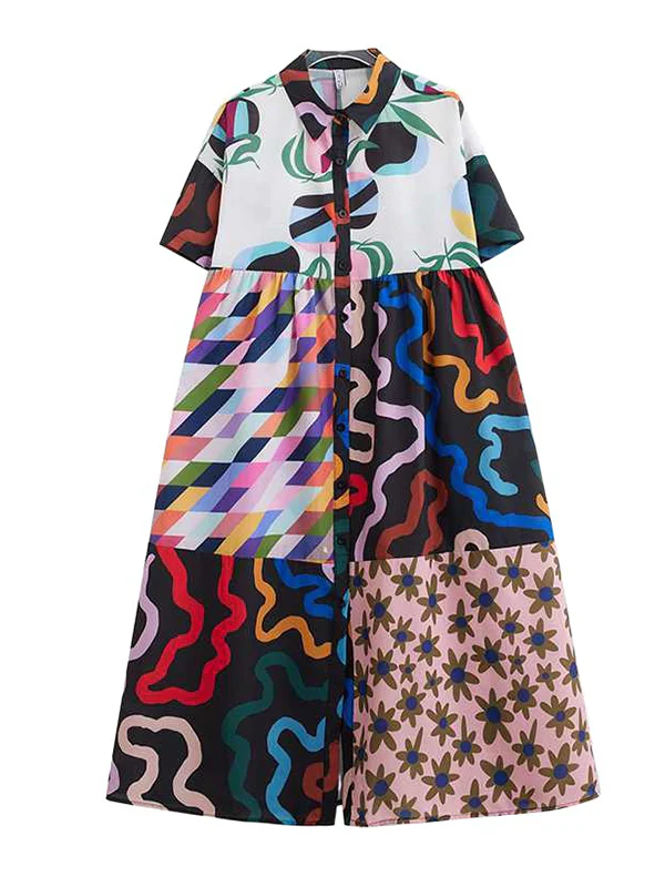 A-line Loose Buttoned Printed Split-Joint Lapel Midi Dresses Shirt Dress - Image 7