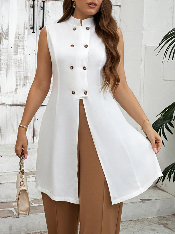 A-Line Loose Buttoned Solid Color Split-Front Split-Side Stand Collar Vest Top - Image 3
