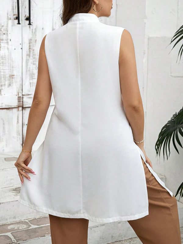 A-Line Loose Buttoned Solid Color Split-Front Split-Side Stand Collar Vest Top - Image 5