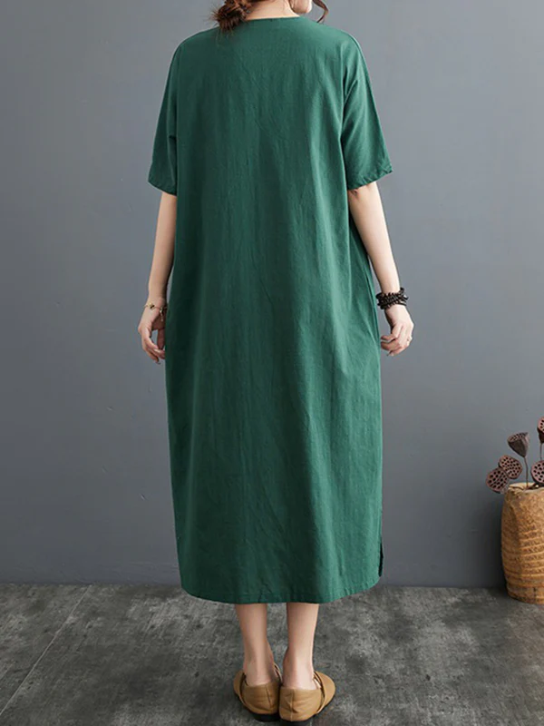 A-Line Loose Chinese Frog Buttons Pockets Solid Color Split-Side V-Neck Midi Dresses - Image 10