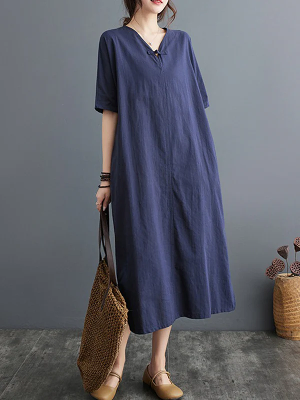A-Line Loose Chinese Frog Buttons Pockets Solid Color Split-Side V-Neck Midi Dresses - Image 11