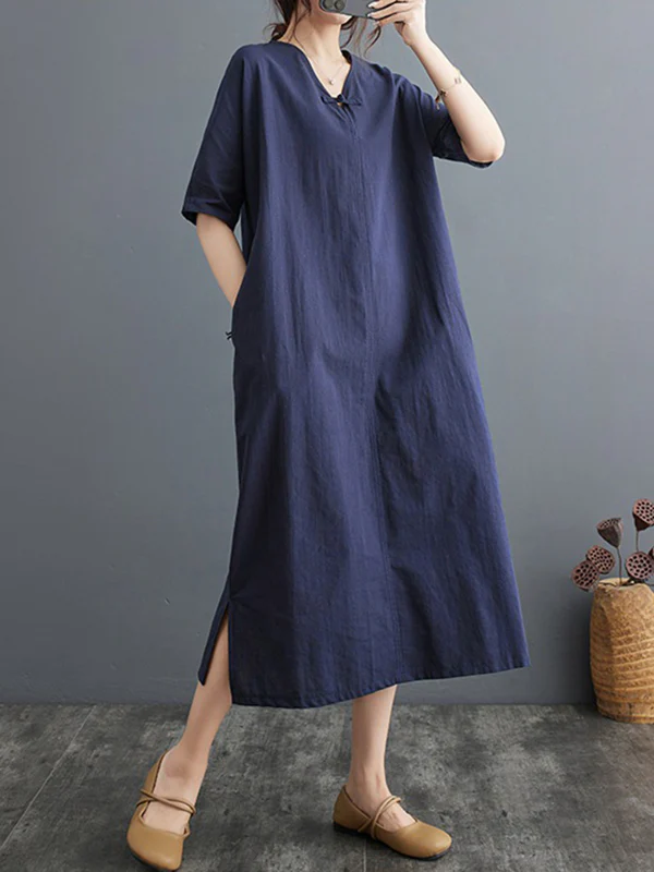 A-Line Loose Chinese Frog Buttons Pockets Solid Color Split-Side V-Neck Midi Dresses - Image 12