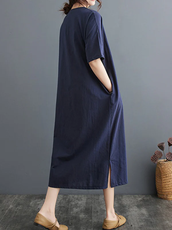 A-Line Loose Chinese Frog Buttons Pockets Solid Color Split-Side V-Neck Midi Dresses - Image 13