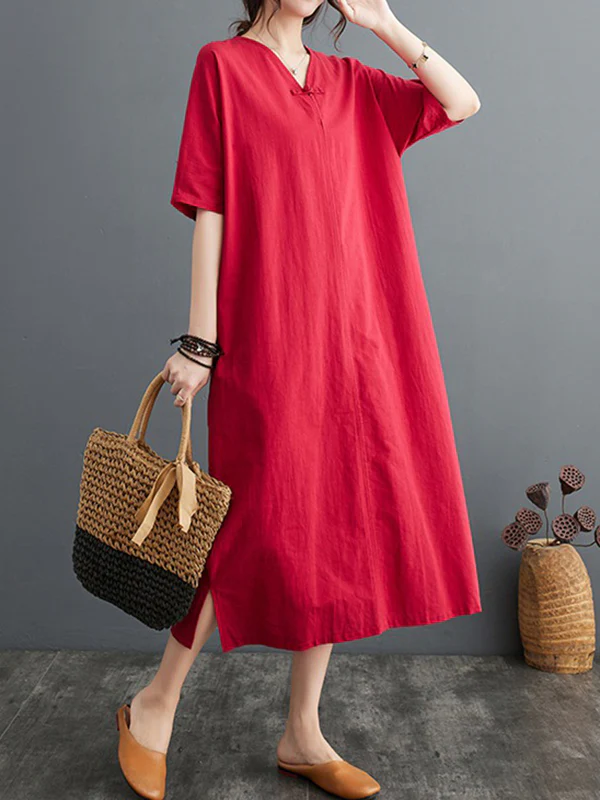 A-Line Loose Chinese Frog Buttons Pockets Solid Color Split-Side V-Neck Midi Dresses - Image 14