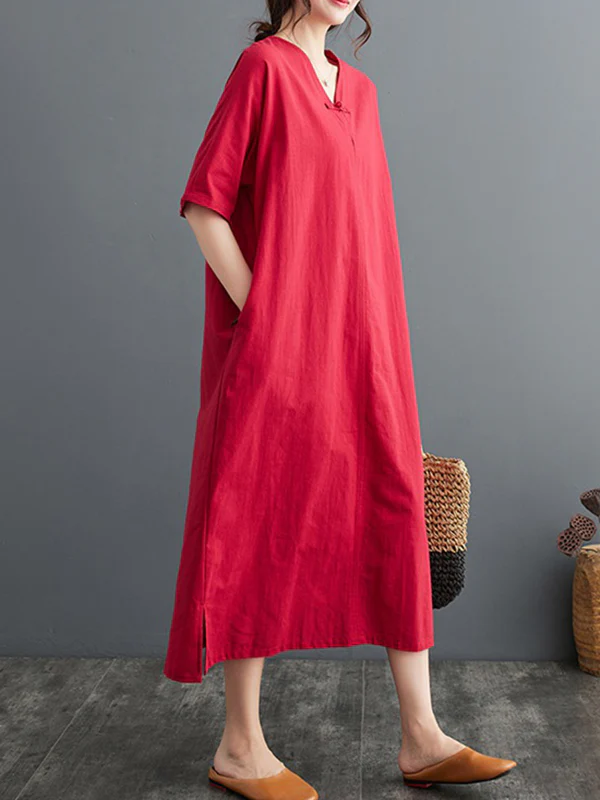 A-Line Loose Chinese Frog Buttons Pockets Solid Color Split-Side V-Neck Midi Dresses - Image 15